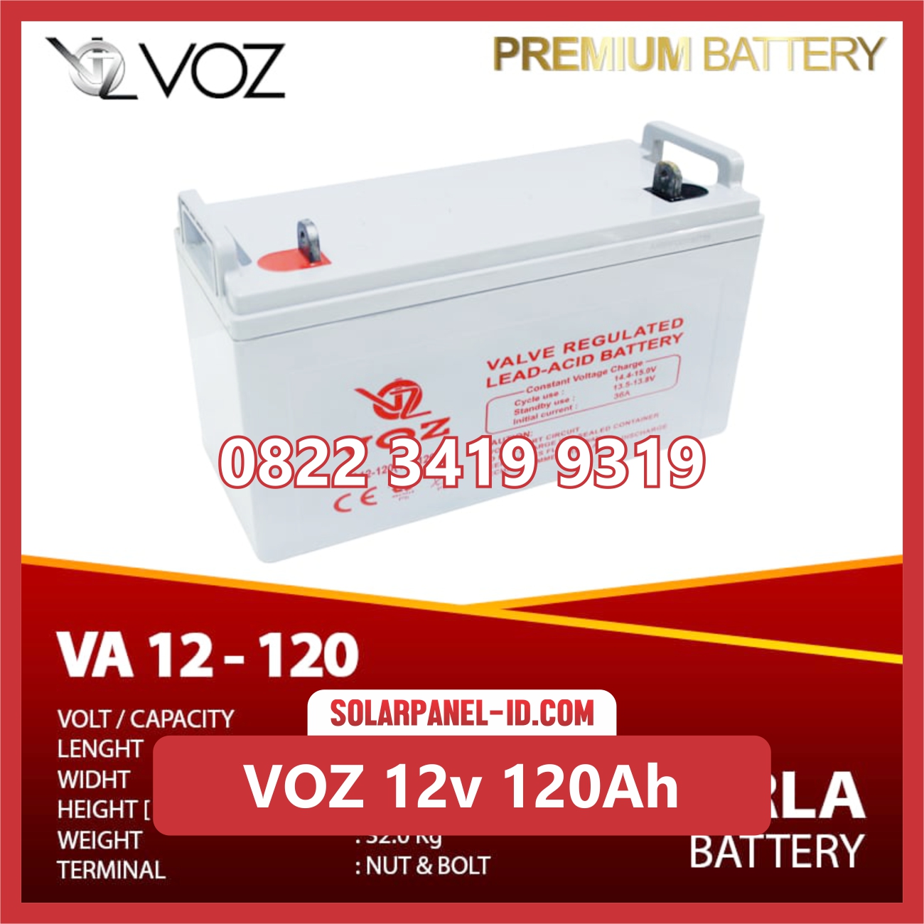 VOZ baterai kering 12v 120ah baterai pju tenaga surya