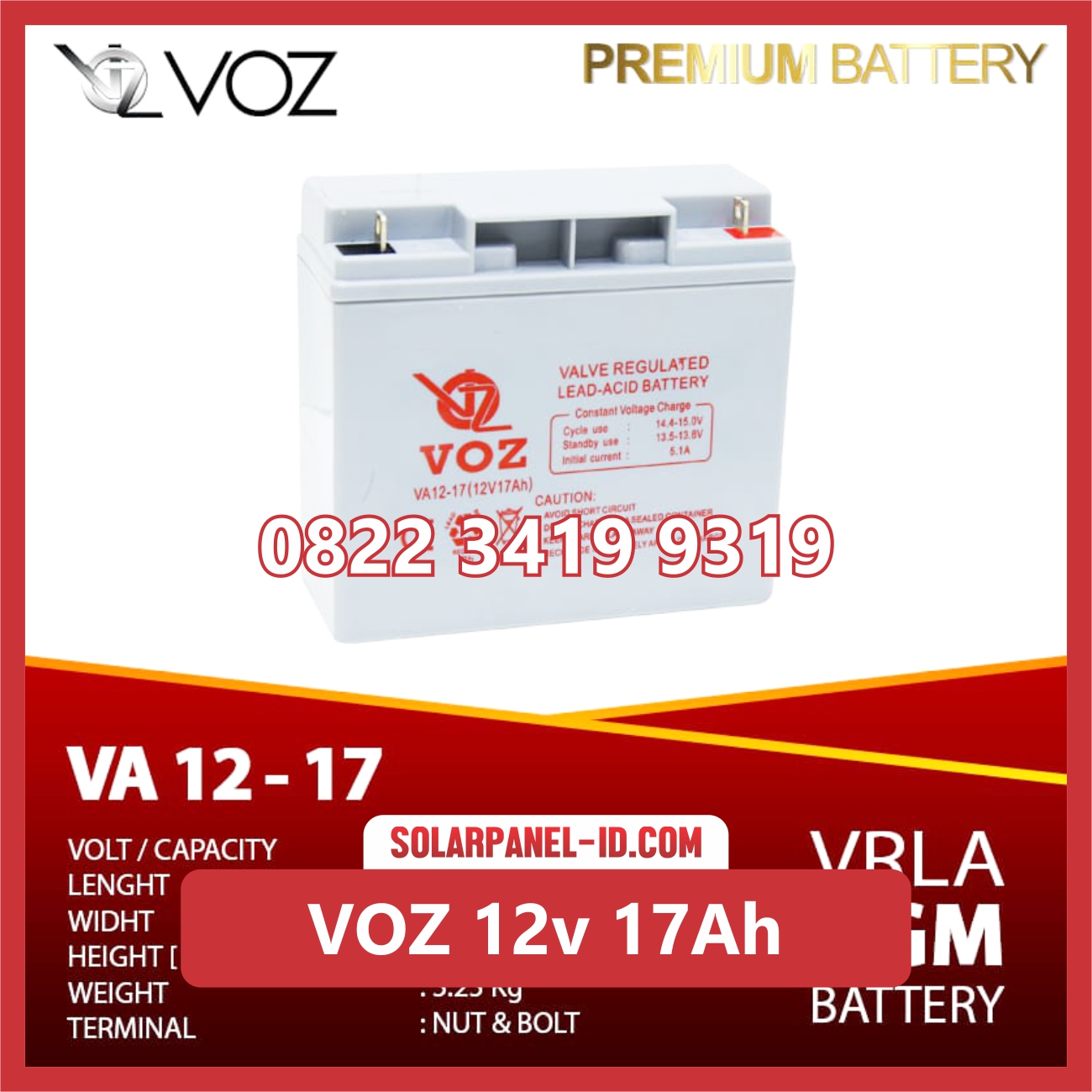 VOZ baterai kering 12v 17Ah baterai solarcell