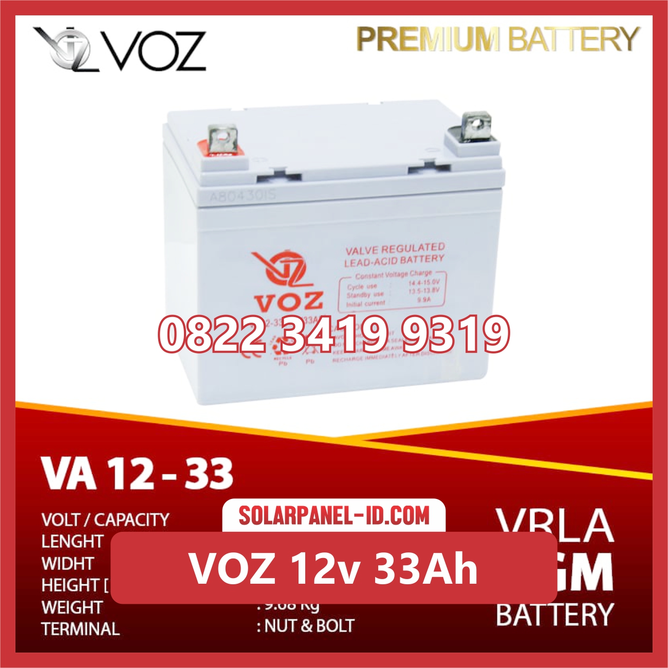 VOZ baterai kering 12v 33Ah baterai solarcell