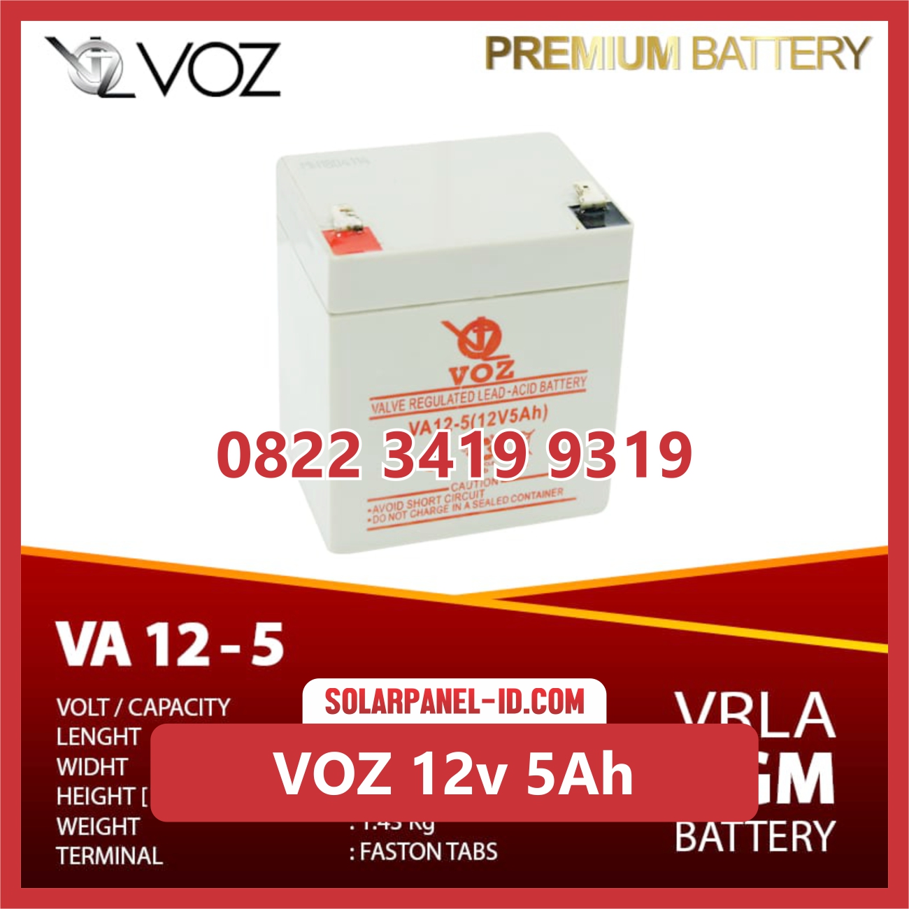 VOZ baterai kering 12v 5Ah baterai ups