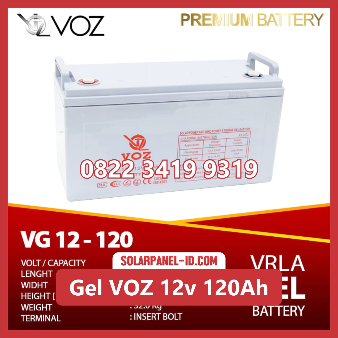 VOZ baterai kering gel 12v 120ah baterai pju tenaga surya