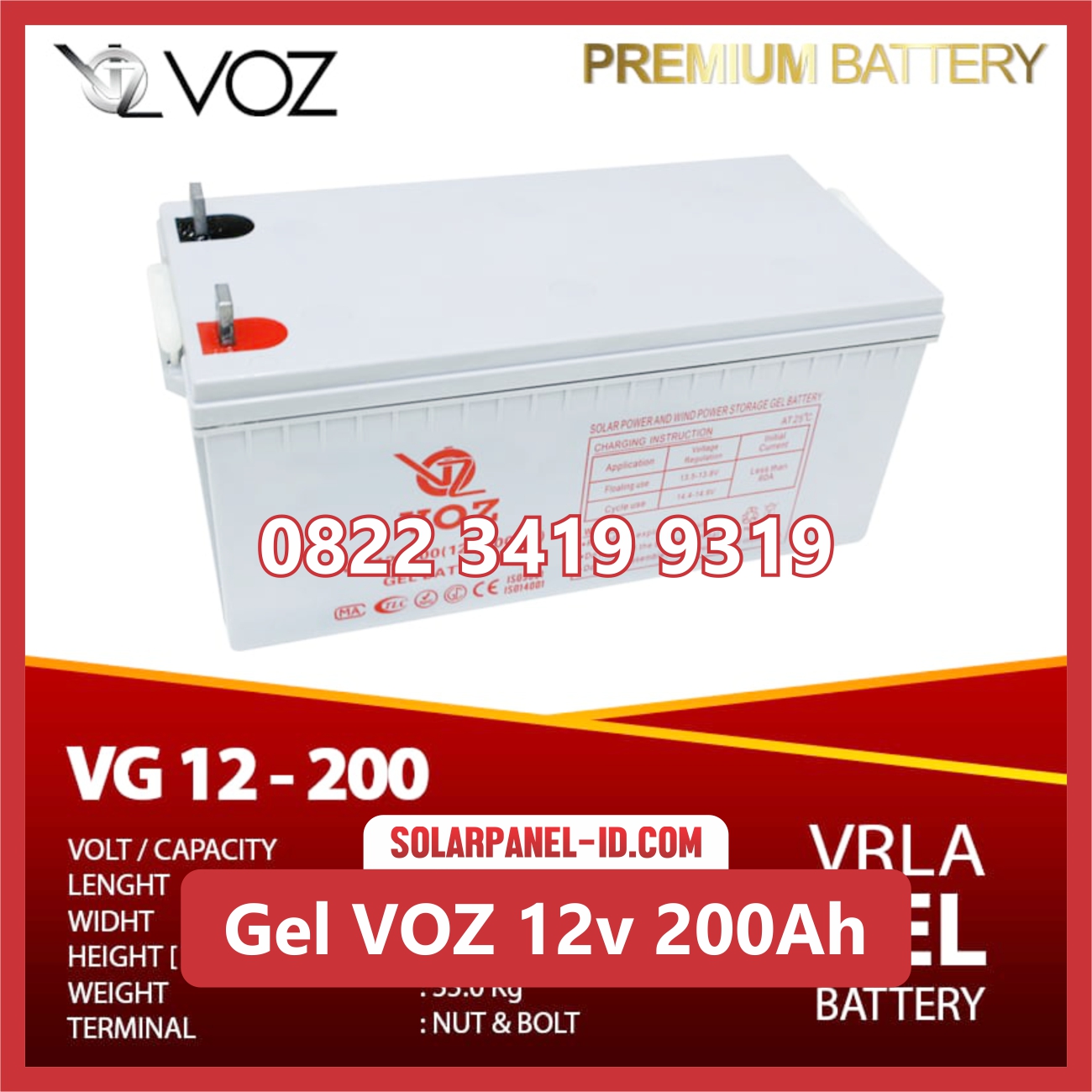 VOZ baterai kering gel 12v 200ah baterai pju tenaga surya